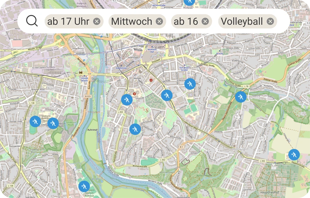 Karte von Mülheim mit Sportangeboten