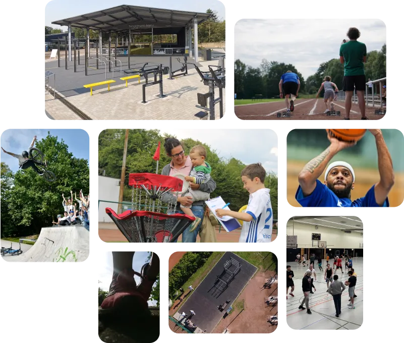 Collage von diversen Sportaktivitäten und Sportorten